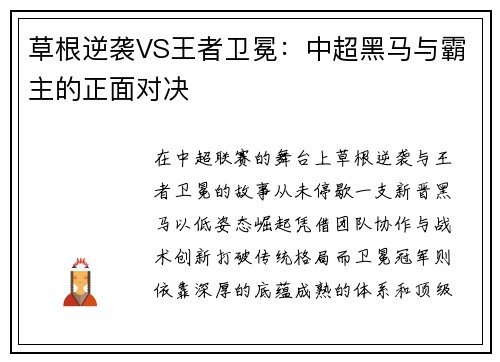 草根逆袭VS王者卫冕：中超黑马与霸主的正面对决