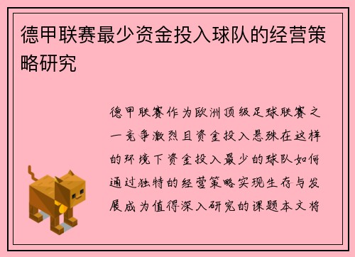 德甲联赛最少资金投入球队的经营策略研究